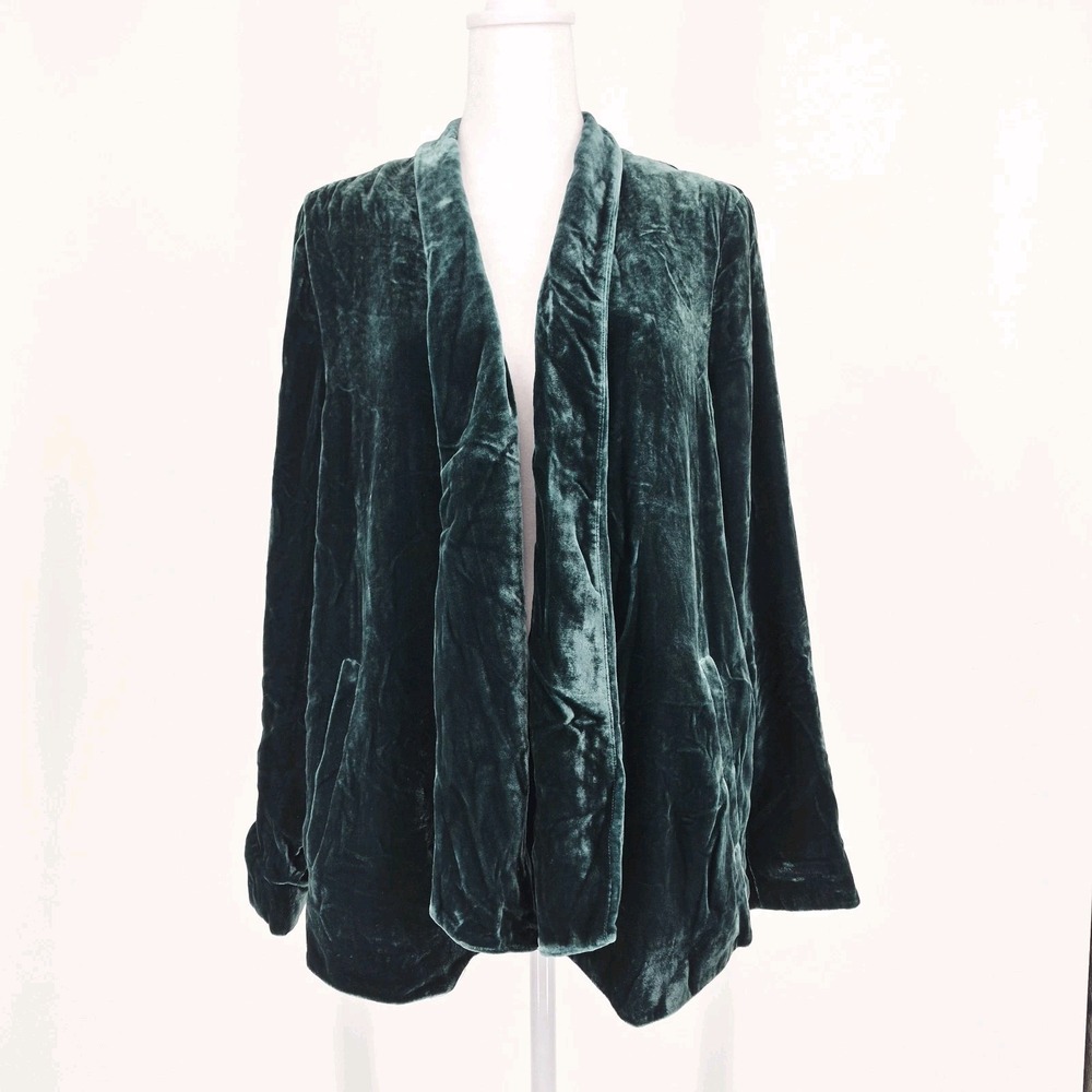 Eileen Fisher Velvet Open Front Cardigan Jacket Emerald Green Silk Blend Sz PM